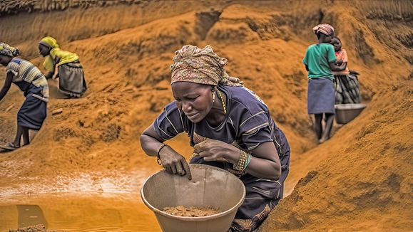 AI Generated Picture of Rural Women in Small Scale Mining (Galamsey) in Ghana - Africa. The quest for the daily meal of these women relies on them finding gold at an already mined land.