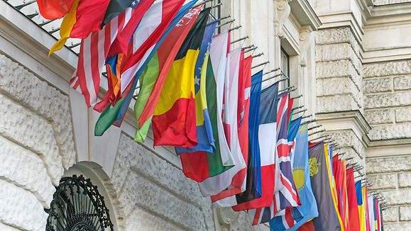 The flags of the Organization for Security and Co-operation in Europe (OSCE) participating countries near the headquarters of the organization in Vienna, Austria. January 2022. High quality photo